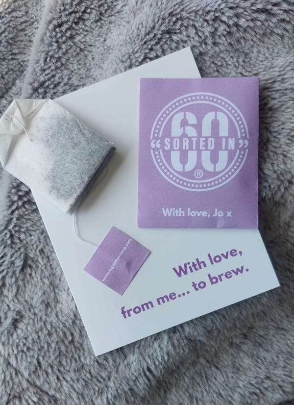 tea, Sorted in 60®, Jo Watson, agoodwriteup, copywriter, copywriting, one to one, promo merch, teabags, tetley tea, yorkshire tea, networking, branding, marketing, business, pandemic, copy, comms, content